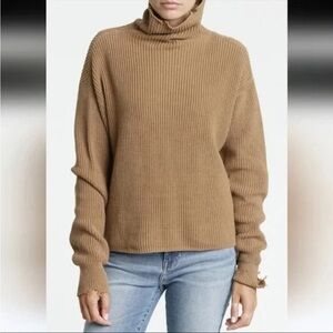 Pistola Brown Ribbed Cotton Turtleneck Sweater | Distressed Hem | Size S